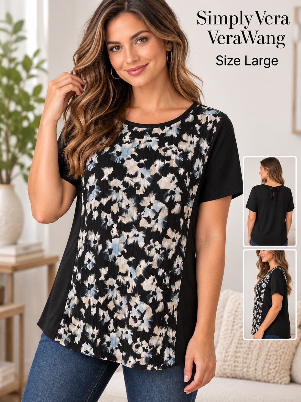 Simply Vera Vera Wang Black Floral Pleated Tunic Top Size Large